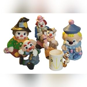 Vintage 6 Piece Porcelain Bisque and Ceramic Clown Figurine Lot